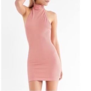 Urban Outfitters Ribbed High Neck BodyCon Military Dress, Halter Backless PINK